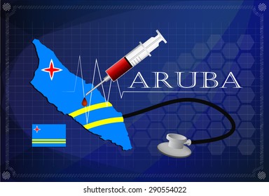 Map of Aruba with Stethoscope and syringe.