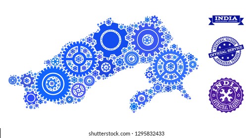 Map of Arunachal Pradesh State composed with blue engine symbols, and isolated grunge watermarks for official repair services.