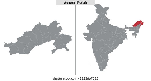 mapa del estado de Arunachal Pradesh en la India y ubicación en el mapa de la India