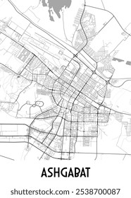 Karte von Aschgabat, der Hauptstadt Turkmenistans. Die Karte zeigt das Straßennetz der Stadt, einschließlich Hauptstraßen, Autobahnen und kleineren Straßen.