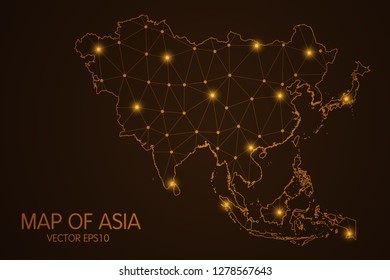 Map of Asia - Abstract mesh line and point scales on dark background. 3D mesh polygonal network connections.Vector illustration eps 10. 