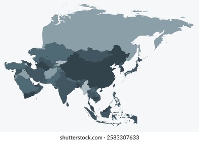 Map of Asia with countries. Just a simple continent border map with country division. Blue grey color palette. Plain Asia shape with administrative division. Vector illustration.