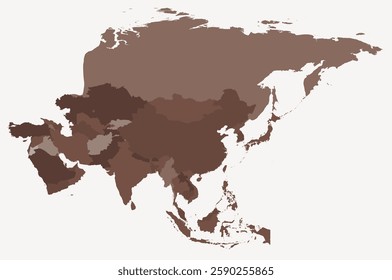 Map of Asia with countries. Just a simple continent border map with country division. Brown color palette. Blank Asia shape with administrative division. Vector illustration.