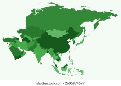 Map of Asia with countries. Just a simple continent border map with country division. Green color palette. Flat Asia shape with administrative division. Vector illustration.