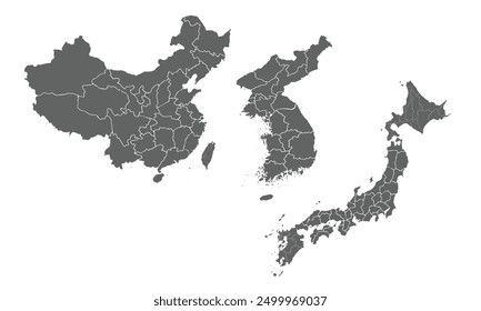 Map of asia countries. korea, japan, china map.vector illustration isolated on white background for website layouts,background,education,precise,customizable, Travel worldwide,map silhouette.