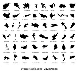 Map Of Asia Country. Big Vector Set Of All Asia States With Names Under Silhouette. Middle East And Arab Countries In The Group. Far East.