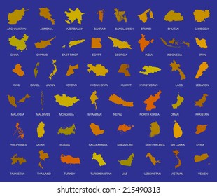 Map of asia country. Big vector set of all Asia states with names under silhouette. Middle east and Arab countries in the group. Far east. on blue background.