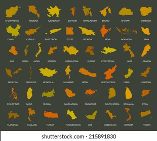 Map of asia country. Big vector set of all Asia states with names under silhouette. Middle east and Arab countries in the group. Far east. 