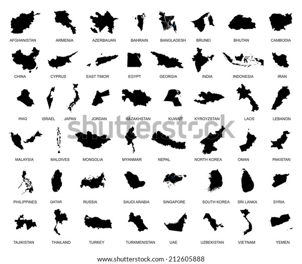 アジア国の地図 シルエットの下に名前を持つ すべてのアジア州の大きなベクター画像セット 中東とアラブ諸国 極東 のベクター画像素材 ロイヤリティフリー