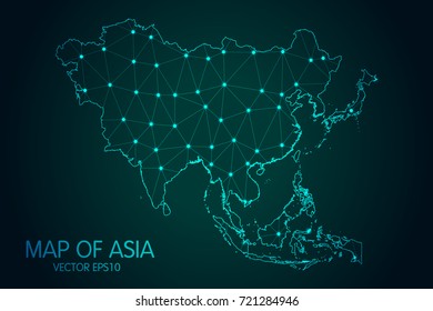 Map Of Asia - With Glowing Point And Lines Scales On The Dark Gradient Background, 3D Mesh Polygonal Network Connections.Vector Illustration Eps10.