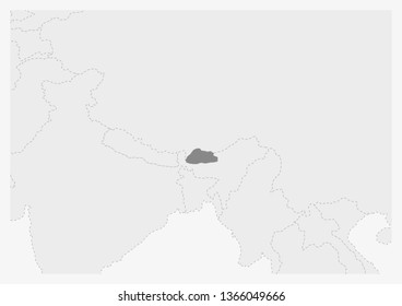 Map of Asia with highlighted Bhutan map, gray map of Bhutan with neighboring countries