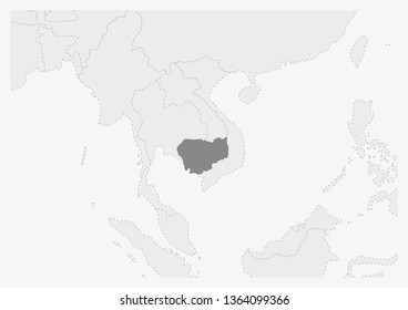 Map of Asia with highlighted Cambodia map, gray map of Cambodia with neighboring countries