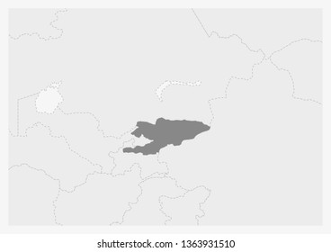 Map of Asia with highlighted Kyrgyzstan map, gray map of Kyrgyzstan with neighboring countries