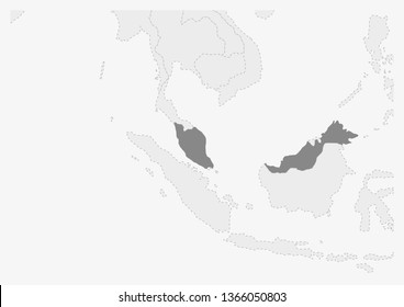 Map of Asia with highlighted Malaysia map, gray map of Malaysia with neighboring countries