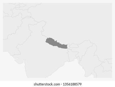 Map of Asia with highlighted Nepal map, gray map of Nepal with neighboring countries