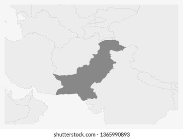 Map of Asia with highlighted Pakistan map, gray map of Pakistan with neighboring countries