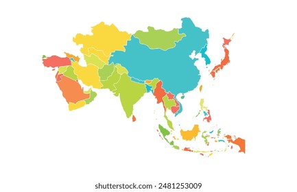 Map of Asia isolated modern colorful style. for website layouts, background, education, precise, customizable, Travel worldwide, map silhouette backdrop, earth geography, political, reports. 