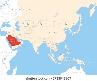 Mapa da Ásia marcado em vermelho na Arábia Saudita, ilustração vetorial editável e isolado, eps