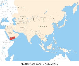 Map of Asia marked in red on Yemen, vector illustration isolated and editable, eps
