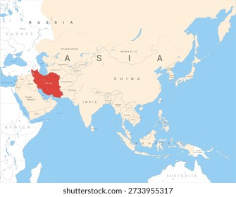 Map of Asia marked in red on Iran, vector illustration isolated and editable, eps