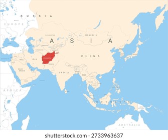 Map of Asia marked in red on Afghanistan, vector illustration isolated and editable, eps