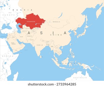 Map of Asia marked in red on Kazakhstan, vector illustration isolated and editable, eps