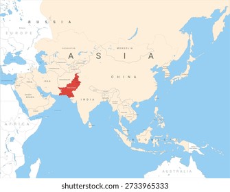 Map of Asia marked in red on Pakistan, vector illustration isolated and editable, eps