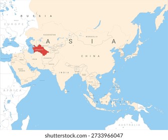 Map of Asia marked in red on Turkmenistan, vector illustration isolated and editable, eps