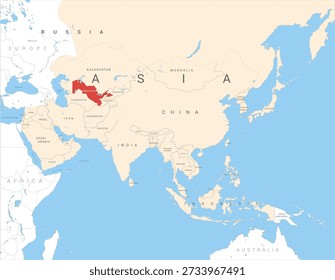 Map of Asia marked in red on Uzbekistan, vector illustration isolated and editable, eps