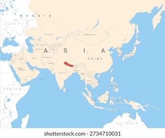 Map of Asia marked in red on Nepal, vector illustration isolated and editable, eps