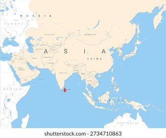 Mapa da Ásia marcado em vermelho no Sri Lanka, ilustração vetorial isolada e editável, eps