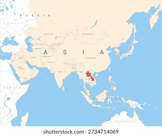 Map of Asia marked in red on Laos, vector illustration isolated and editable, eps