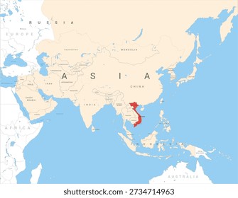 Map of Asia marked in red on Vietnam, vector illustration isolated and editable, eps