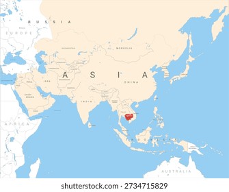 Map of Asia marked in red on Cambodia, vector illustration isolated and editable, eps