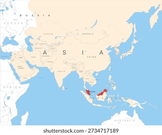 Mapa da Ásia marcado em vermelho na Malásia, ilustração vetorial isolada e editável, eps