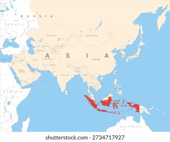 Map of Asia marked in red on Indonesia, vector illustration isolated and editable, eps