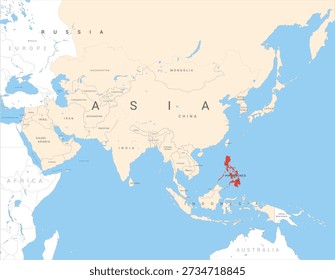 Map of Asia marked in red on Philippines, vector illustration isolated and editable, eps