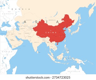 Map of Asia marked in red on China, vector illustration isolated and editable, eps