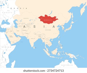 Map of Asia marked in red on Mongolia, vector illustration isolated and editable, eps