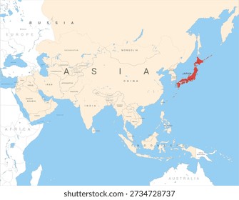 Map of Asia marked in red on Japan, vector illustration isolated and editable, eps