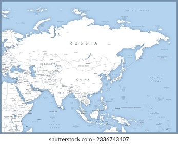 Karte von Asien mit Namen von Ländern, Hauptstädten und Städten. Vektorgrafik