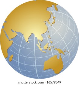 Map of the Asia, on a spherical globe, cartographical illustration