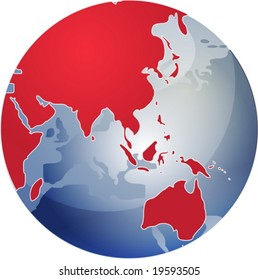 Map of the Asia, on a spherical globe, cartographical illustration