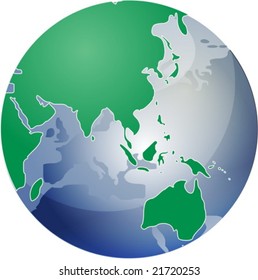 Map of the Asia, on a spherical globe, cartographical illustration