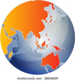 Map of the Asia, on a spherical globe, cartographical illustration