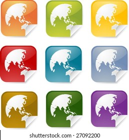Map of Asia on square sticker, various colors