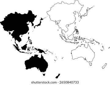 Mapa de Ásia Pacífico Região Silhueta Plano e Contorno Design