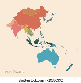 Map of Asia Pacific. Vintage color
