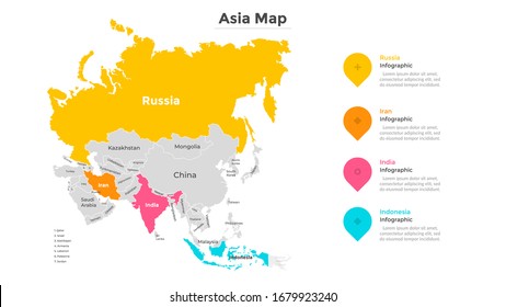 Mapa de Asia. Territorio del continente asiático dividido por fronteras nacionales. Indicación geográfica. Plantilla moderna de diseño gráfico. Ilustración vectorial para el sitio web turístico, informe estadístico.