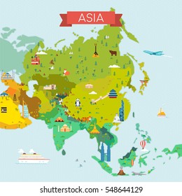 Map Of Asia. Travel And Tourism Background. Vector Flat Illustration